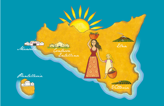 mapa da Sicilia ilustrando as 5 propriedades da Donnafugata